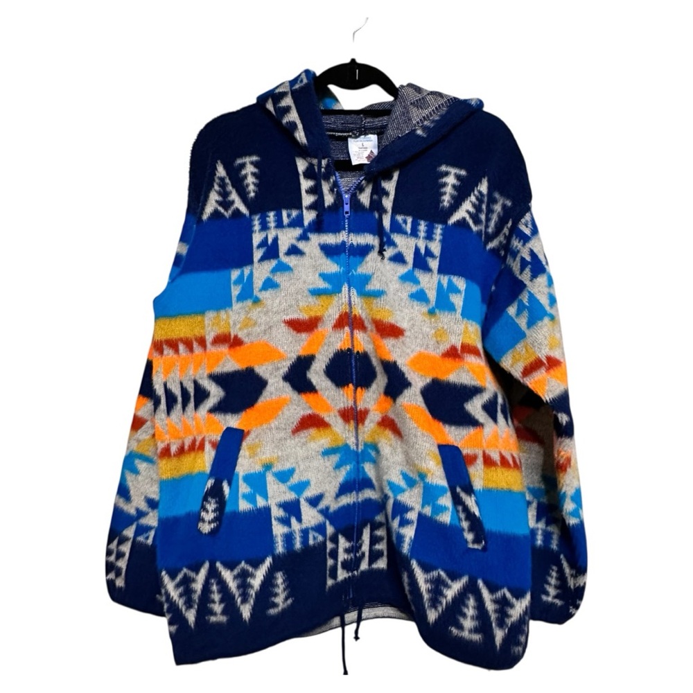 Artesanías Tuntaquimba Wool Blend Hooded Coat Blue Orange Aztec Pattern Unisex